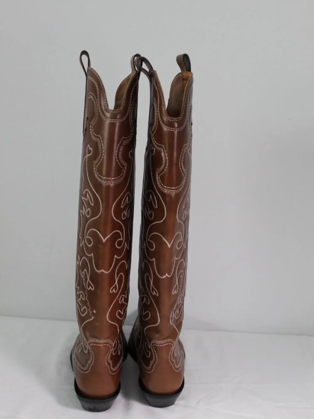 Ganni Knee High Leather Cowboy Western Boots Embroidered Brown Leather 40